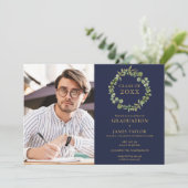 Blauwgroene beplanting slinger foto afstudeerfeest kaart (Staand voorkant)