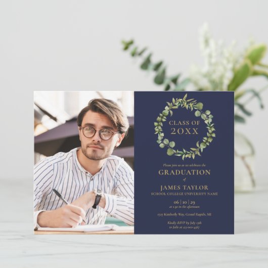 Blauwgroene beplanting slinger foto afstudeerfeest kaart (Staand voorkant)