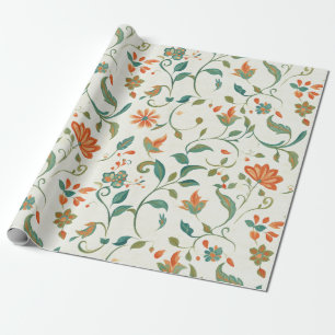 Blauwgroene Bladeren & Oranje Bloempatroon Cadeaupapier