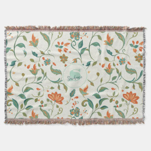Blauwgroene Bladeren & Oranje Bloempatroon Deken