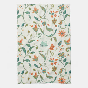 Blauwgroene Bladeren & Oranje Bloempatroon Theedoek
