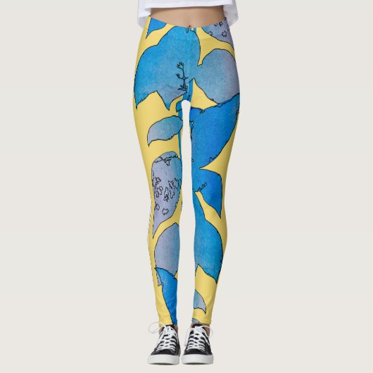 Blauwgroene Bladeren Zomer Leggings (Voorkant)