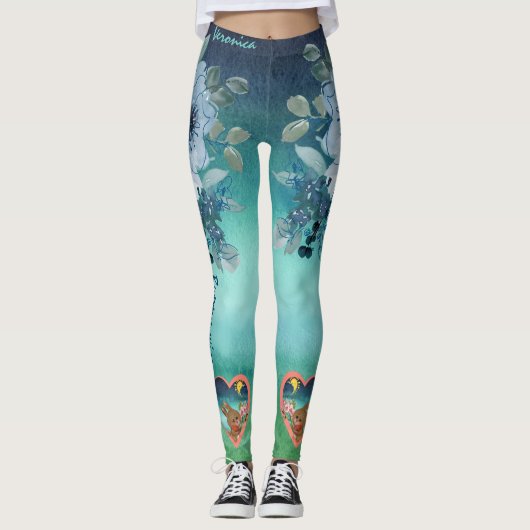 Blauwgroene bloem leggings (Voorkant)