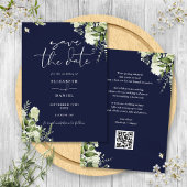 Blauwgroene bloem QR-code trouwkaart Save The Date