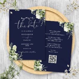 Blauwgroene bloem QR-code trouwkaart Save The Date