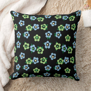 Blauwgroene bloemen op zwarte achtergrond retro kussen