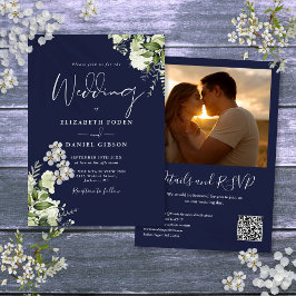 Blauwgroene Bloemen QR Code Foto Bruiloft Kaart