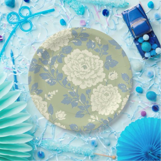 Blauwgroene Blokdruk Bloemendruk Papieren Bordje (Feest)