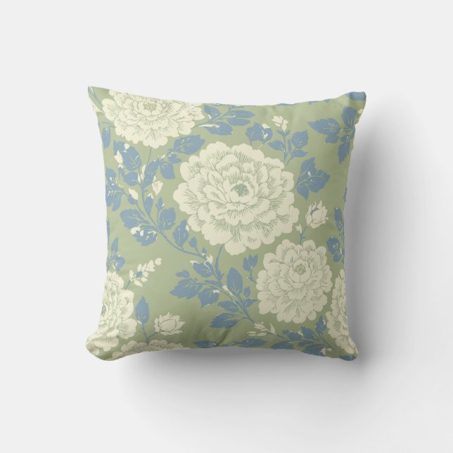 Blauwgroene blokdruk bloemenslingerpillow kussen (Voorkant)