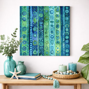 Blauwgroene Boho Streep Waterverf Muurkunst Poster