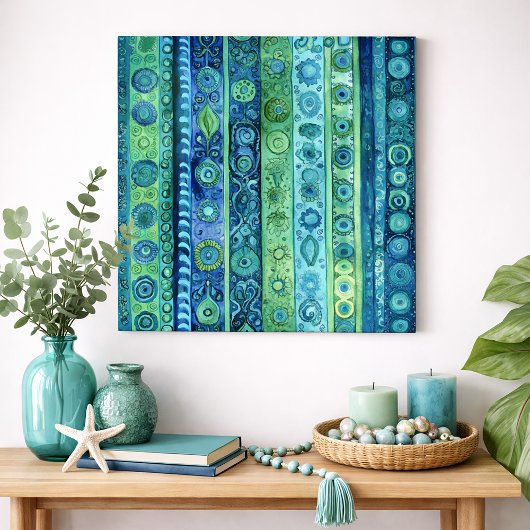 Blauwgroene Boho Streep Waterverf Muurkunst Poster