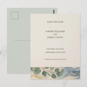 Blauwgroene botanische Save The Date-ansichtkaart Briefkaart