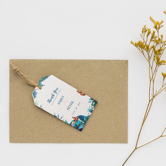 Blauwgroene Botanische Vlinder Trouw Favor Cadeaulabel