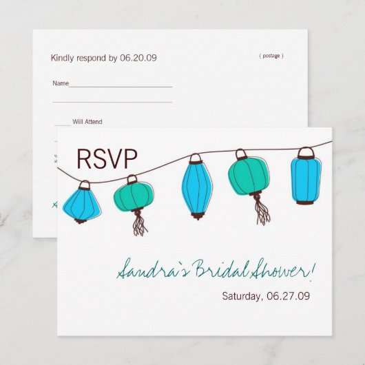 Blauwgroene Chinese lantaarn RSVP kaart (Voorkant / Achterkant)