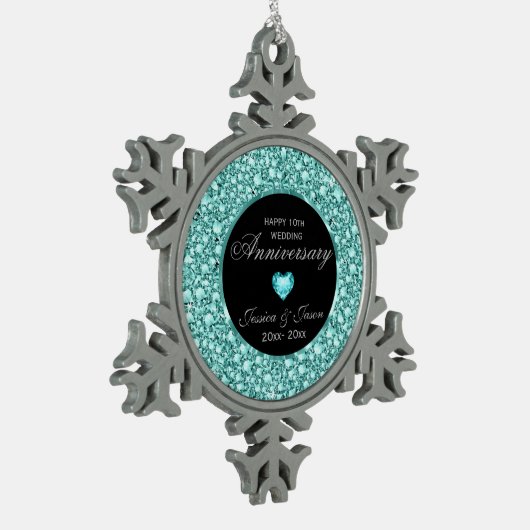 Blauwgroene diamanten Glitter 10e Jubileum Tin Sneeuwvlok Ornament (Links)