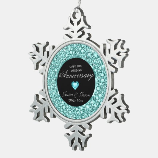 Blauwgroene diamanten Glitter 10e Jubileum Tin Sneeuwvlok Ornament (Rechts)