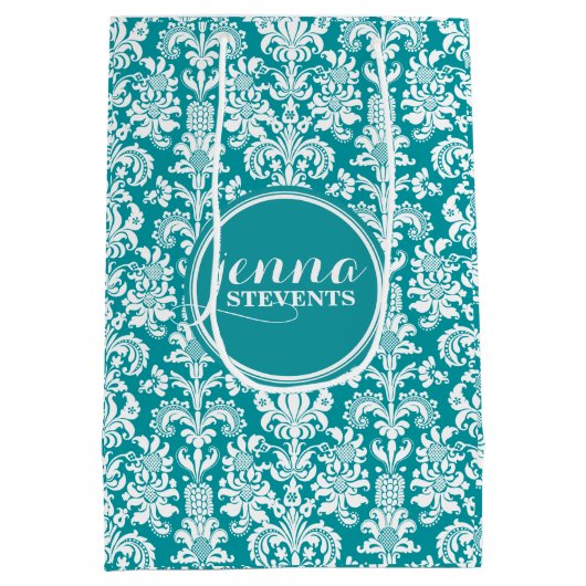 Blauwgroene en witte  Damasvaten Medium Cadeauzakje (Achterkant)