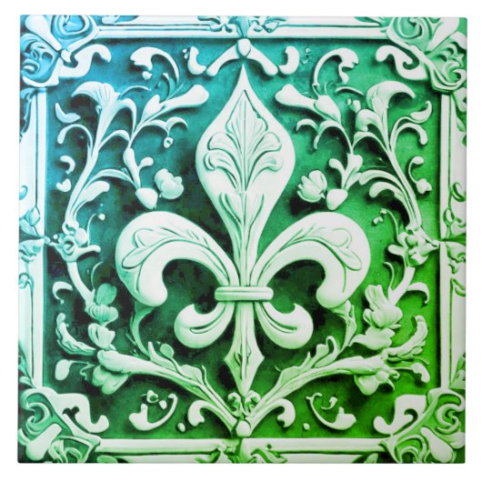 Blauwgroene Fleur de Lis Tegeltje (Voorkant)