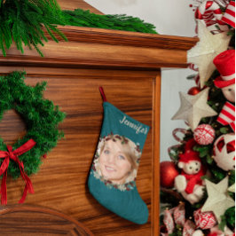 blauwgroene foto krans en naam grote kerstsok