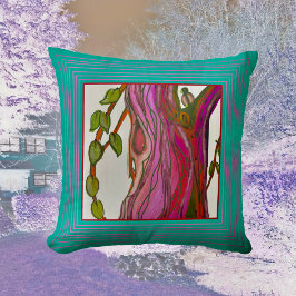 Blauwgroene gestileerde verf van bomen en vogel kussen