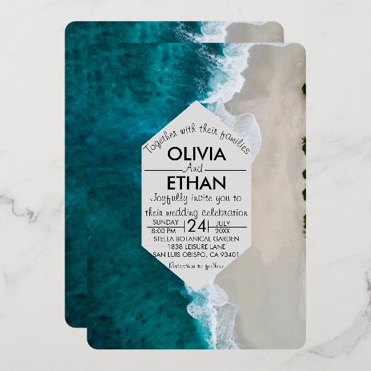 Blauwgroene golven kust Bruiloft Folie Uitnodiging (Voorkant / Achterkant)