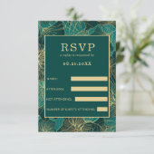 Blauwgroene gouden bladeren RSVP kaartje (Staand voorkant)