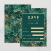 Blauwgroene gouden bladeren RSVP kaartje (Voorkant / Achterkant)