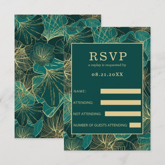 Blauwgroene gouden bladeren RSVP kaartje (Voorkant / Achterkant)