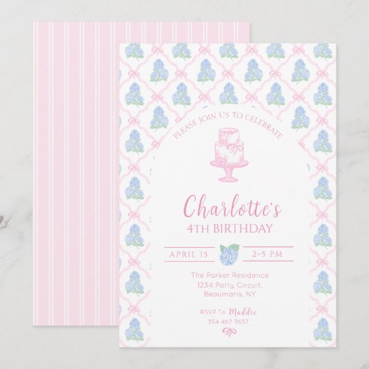 Blauwgroene Hortensia Roze Strik Trellis Kaart (Voorkant / Achterkant)