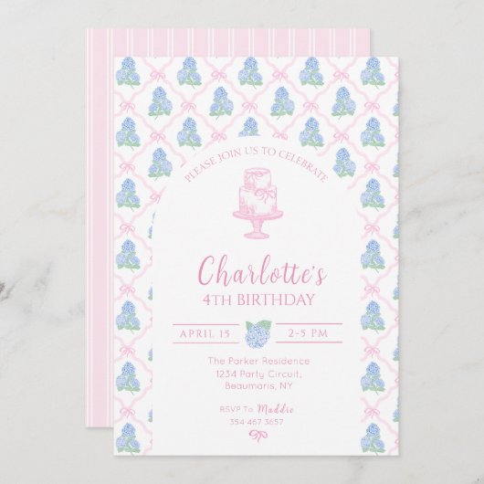 Blauwgroene Hortensia Roze Strik Trellis Kaart (Voorkant / Achterkant)