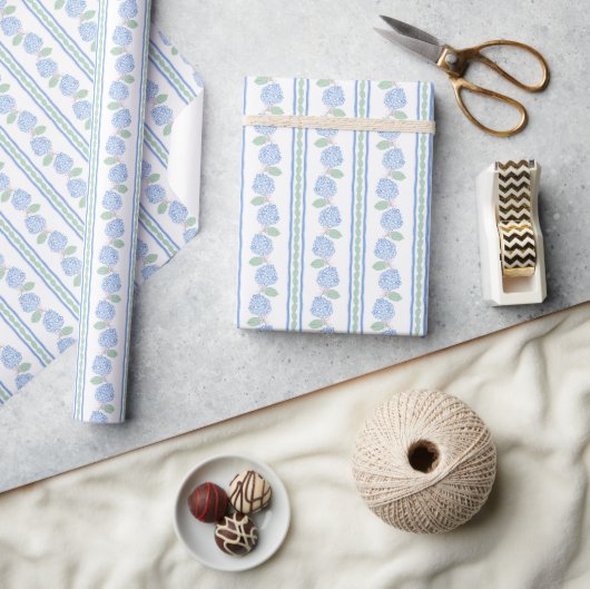 Blauwgroene Hydrangea Streep Preppy Cadeaupapier (Crafts)
