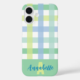 Blauwgroene Limoen pastel gingham patroon monogram iPhone 16 Hoesje