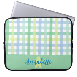 Blauwgroene Limoen pastel gingham patroon monogram Laptop Sleeve