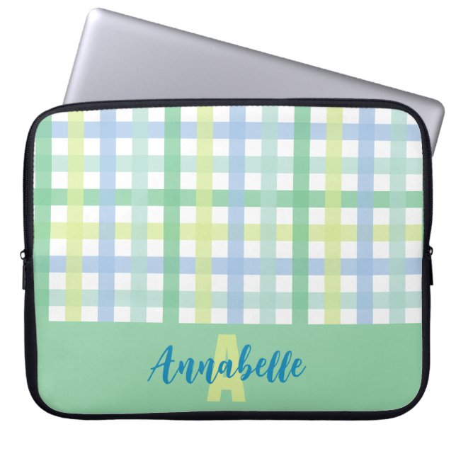 Blauwgroene Limoen pastel gingham patroon monogram Laptop Sleeve (Voorkant)