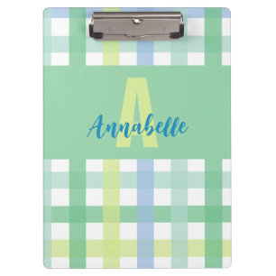 Blauwgroene Limoen pastel monogram gingham patroon Klembord