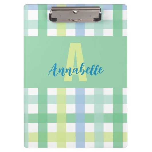 Blauwgroene Limoen pastel monogram gingham patroon Klembord (Voorkant)