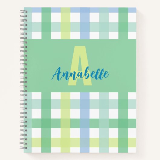 Blauwgroene Limoen pastel monogram gingham patroon Notitieboek (Voorkant)