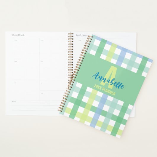 Blauwgroene Limoen pastel monogram gingham patroon Planner (Display)