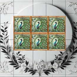 Blauwgroene Majestueuze Pauw Gouden Veren Motief  Tegeltje