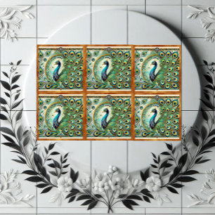 Blauwgroene Majestueuze Pauw Gouden Veren Motief Tegeltje