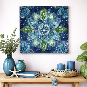 Blauwgroene Mandala Bloemige Watercolor Kunst Poster