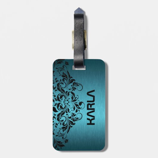 Blauwgroene metallische en zwarte kant bagagelabel (Achterkant verticaal)