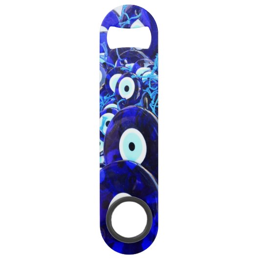 Blauwgroene ogen speed flessenopener (Achterkant)