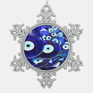 Blauwgroene ogen tin sneeuwvlok ornament