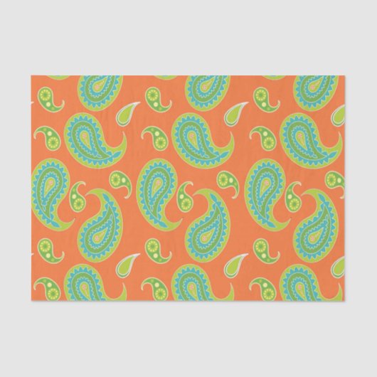 Blauwgroene paisley op helder Sinaasappel Tissuepapier (Voorkant)