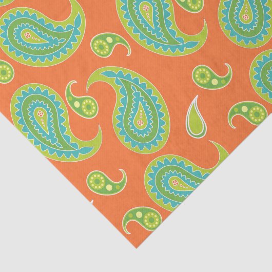 Blauwgroene paisley op helder Sinaasappel Tissuepapier (Detail)