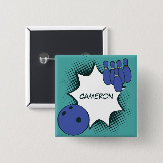 Blauwgroene Pop Art Bowling Naam Knop Vierkante Button 5,1 Cm (Voorkant /achterkant)