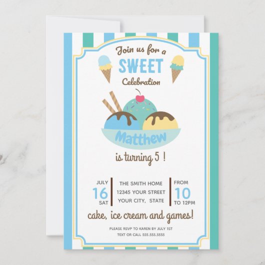 Blauwgroene retro Ice Cream Kind Birthday Party Kaart (Voorkant)
