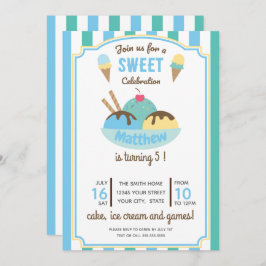 Blauwgroene retro Ice Cream Kind Birthday Party Kaart
