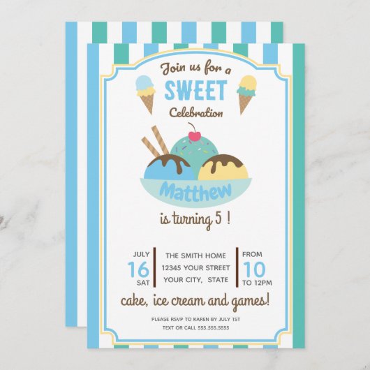 Blauwgroene retro Ice Cream Kind Birthday Party Kaart (Voorkant / Achterkant)